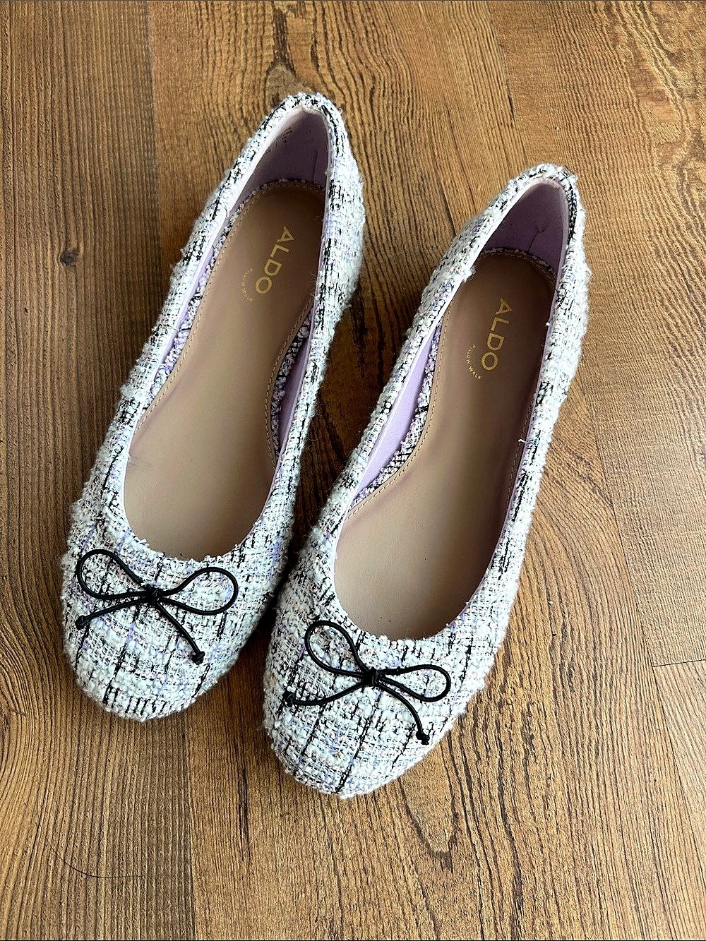 ALDO Aliette Tweed Bow Flats in White & Purple US 4